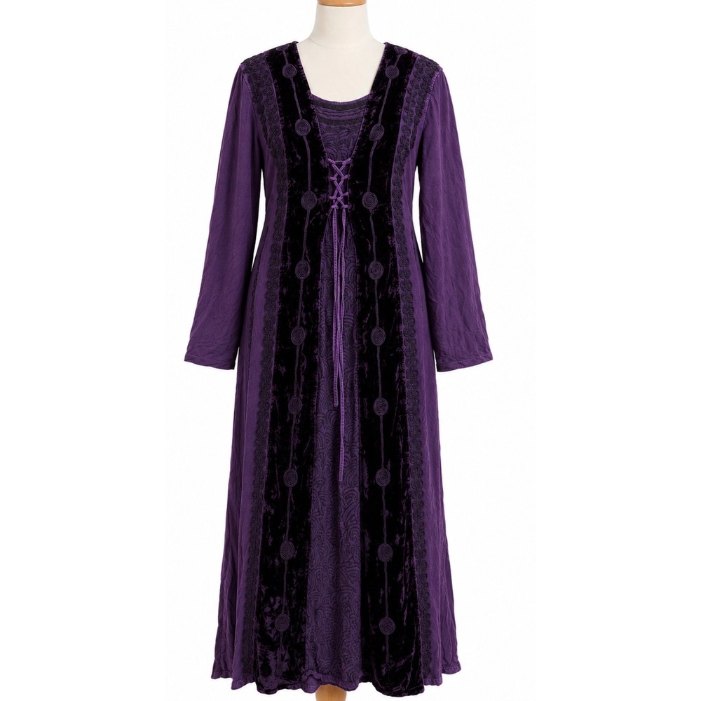 Purple Rayon Maxi Dress OS Velvet Embroidered Corset Boho Whimsigoth Renaissance